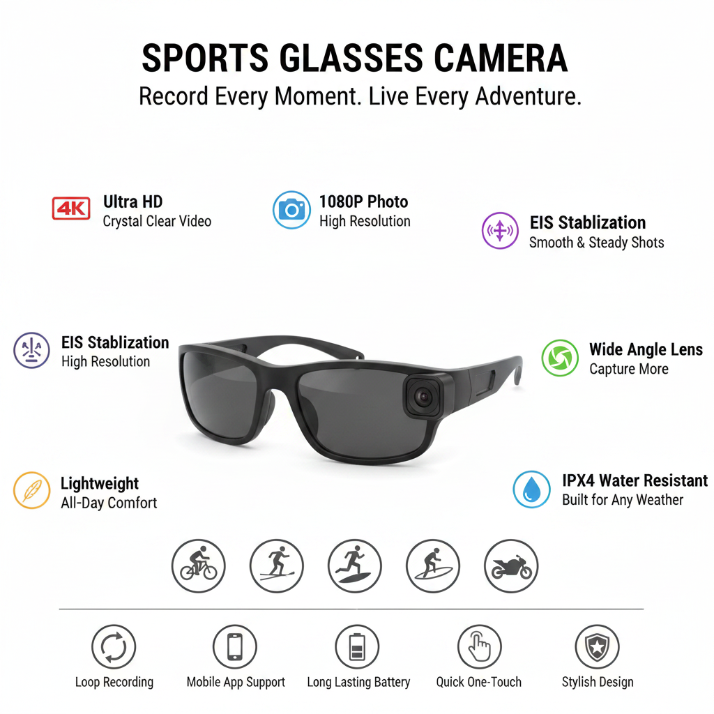 Sports glasses camera with features and usage scenarios on a scenic background