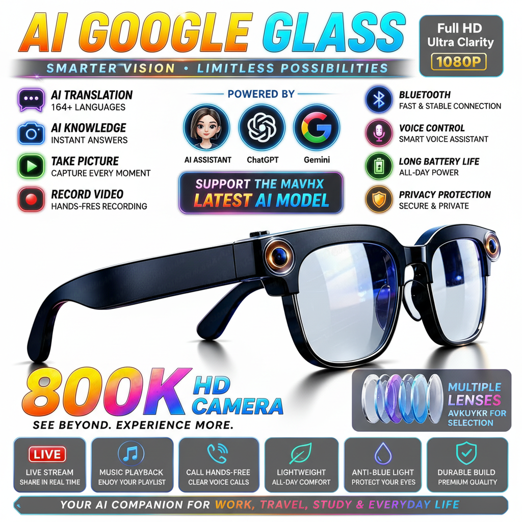 Promotional image of AI Google Glass with features listed on a dark background.