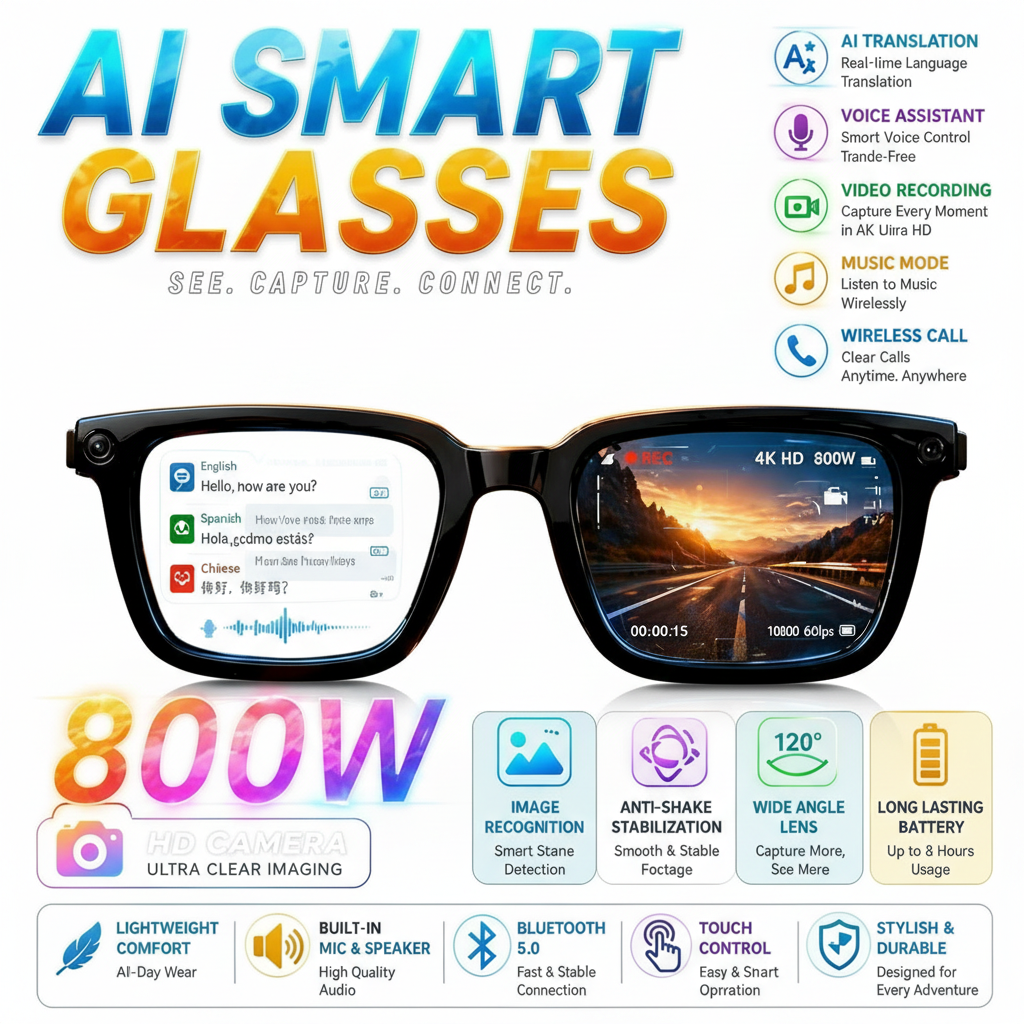2026 AI Smart Glasses – 8MP HD Camera & 4K Recording