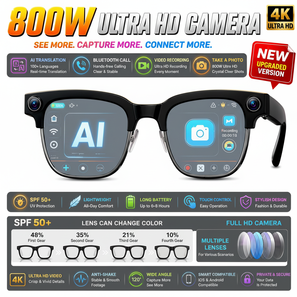 Smart glasses with digital display against a sunset background, featuring various functionalities and specifications.