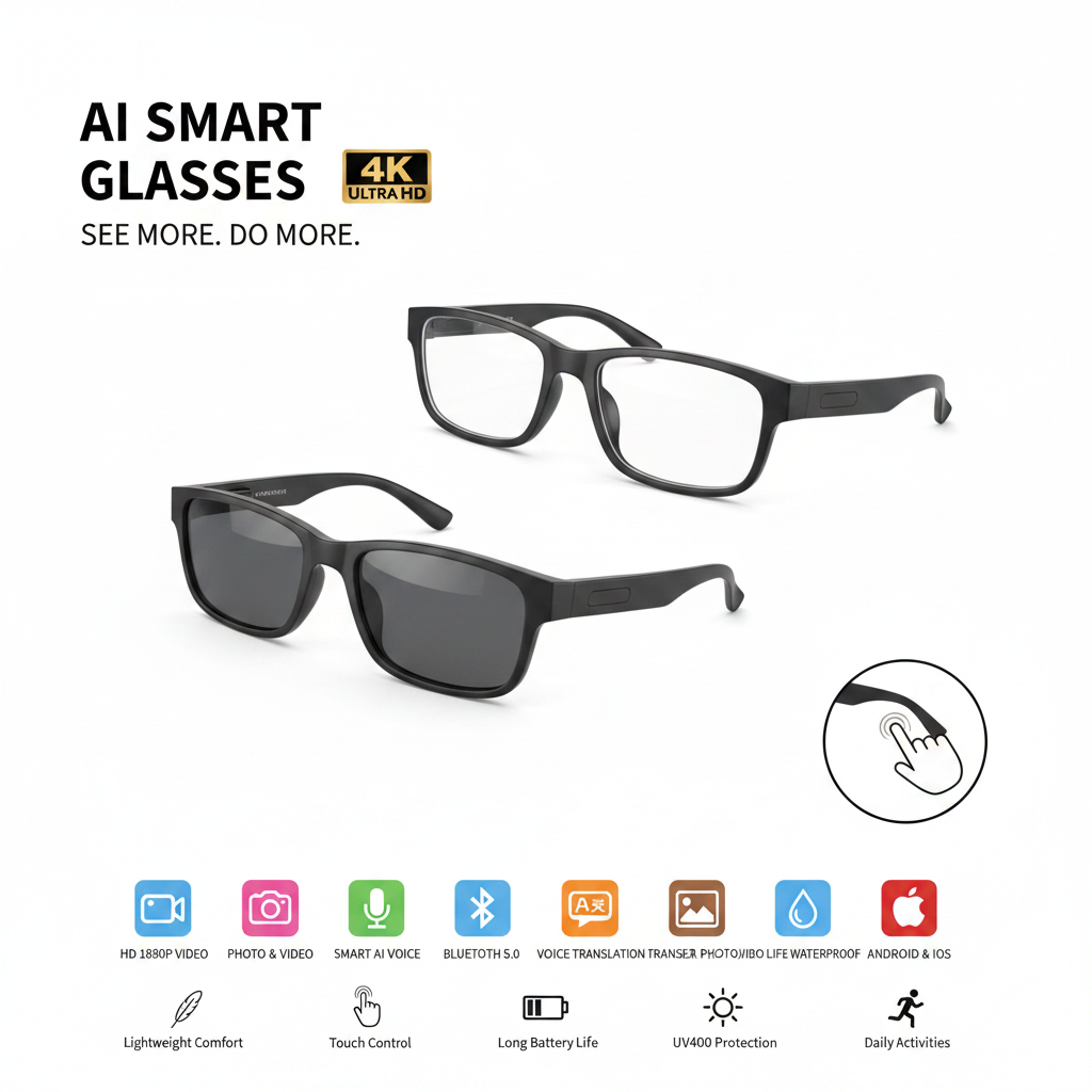AI Smart Glasses with features highlighted on a dark blue background