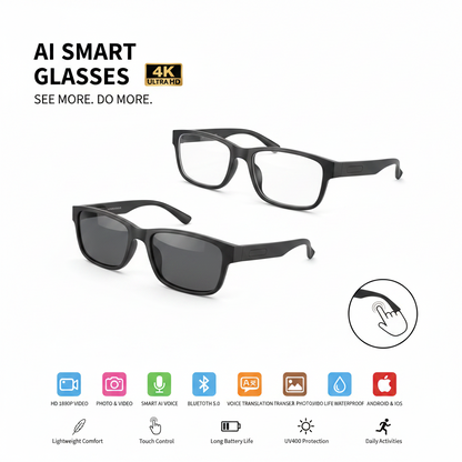 AI Smart Glasses with features highlighted on a dark blue background