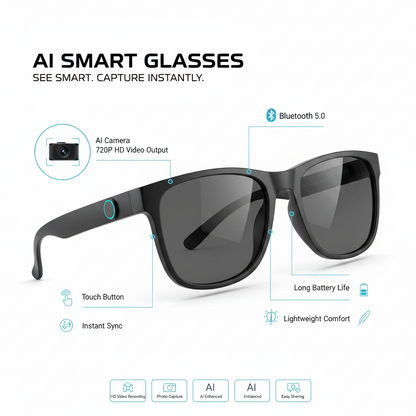 OPPO AI Smart Glasses with features highlighted against a scenic background