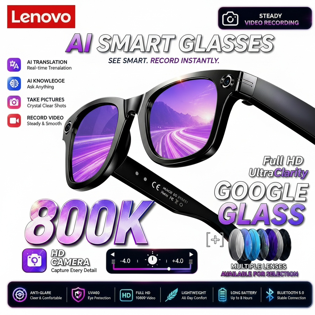Lenovo AI Smart Glasses with features highlighted against a scenic road background