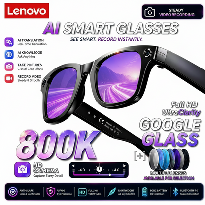 Lenovo AI Smart Glasses with features highlighted against a scenic road background