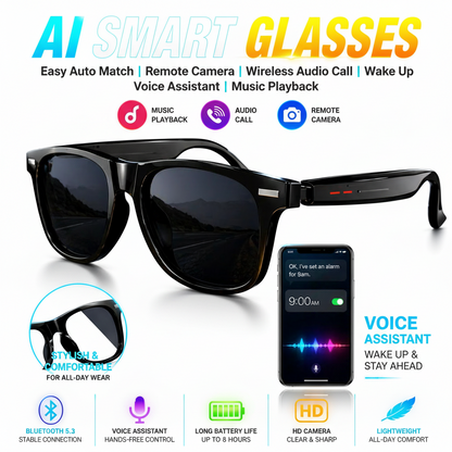 Smart glasses with smartphone app interface on a dark road background