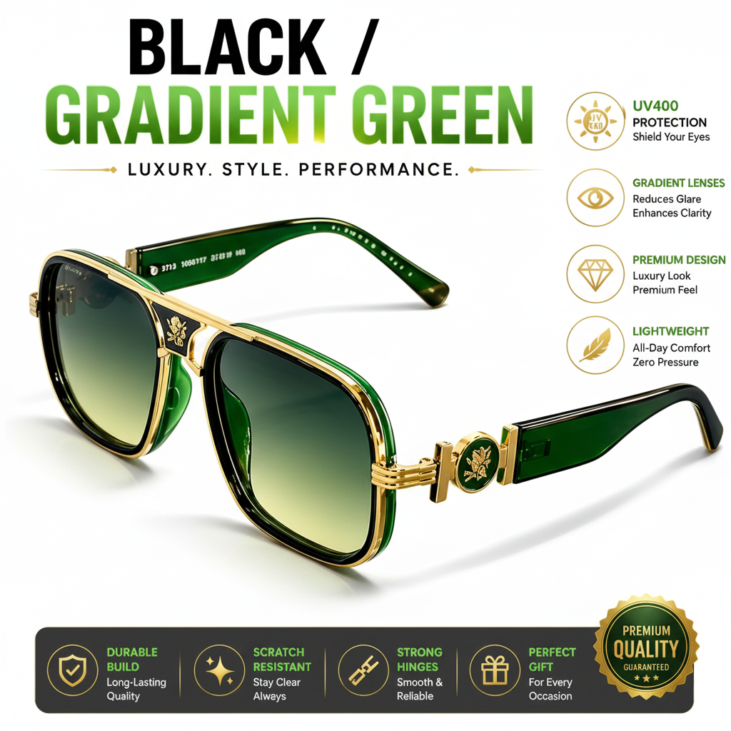 Green and gold sunglasses with gradient effect on a dark background, featuring product details.