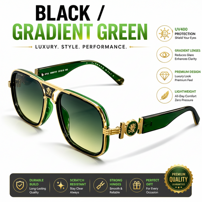 Green and gold sunglasses with gradient effect on a dark background, featuring product details.