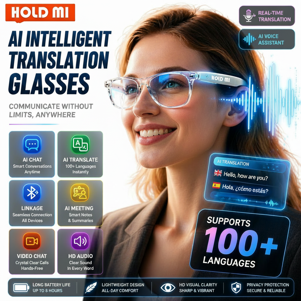 AI intelligent translation glasses with a woman wearing them, featuring text and icons about the product's features.