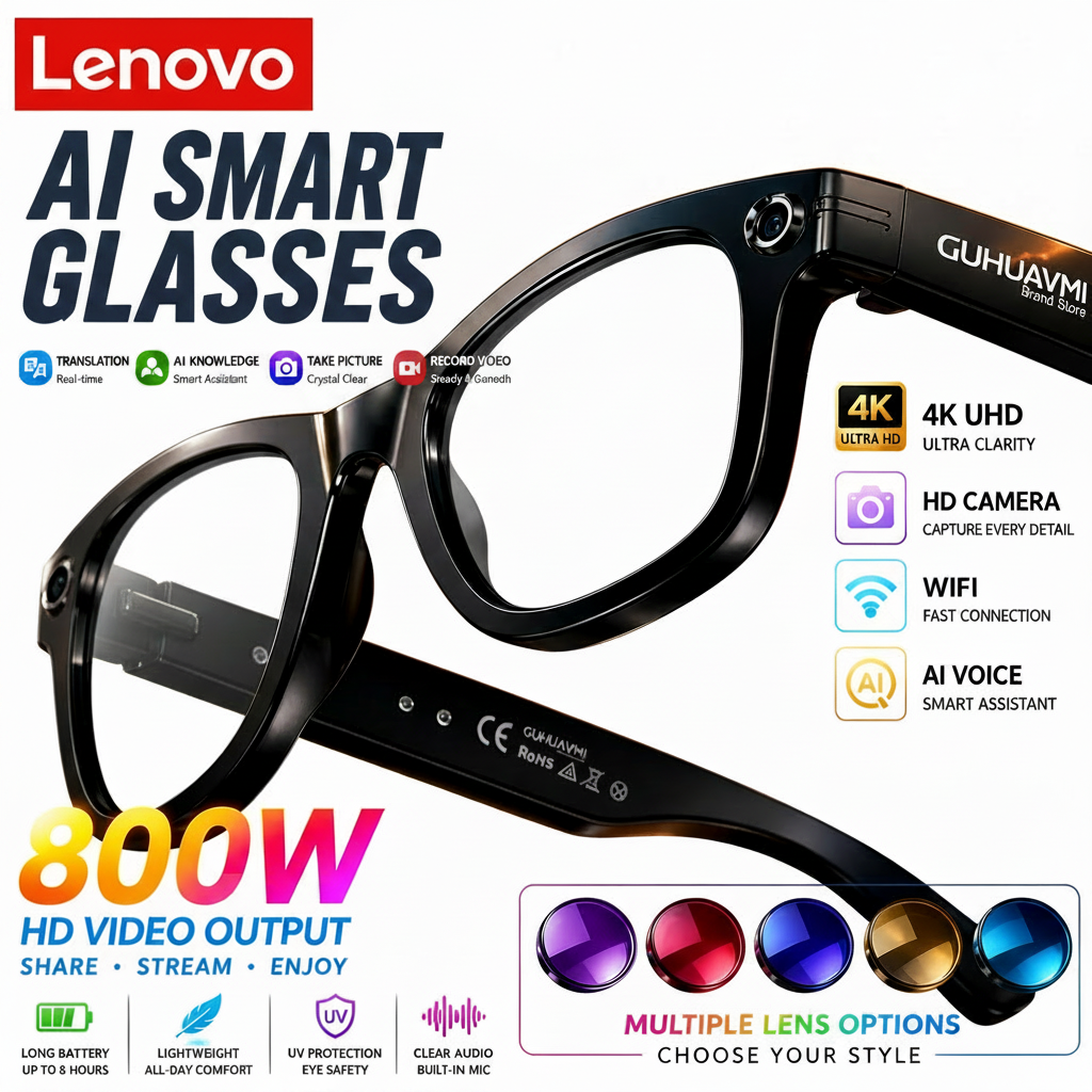 Lenovo AI Smart Glasses with cityscape reflection on a dark background