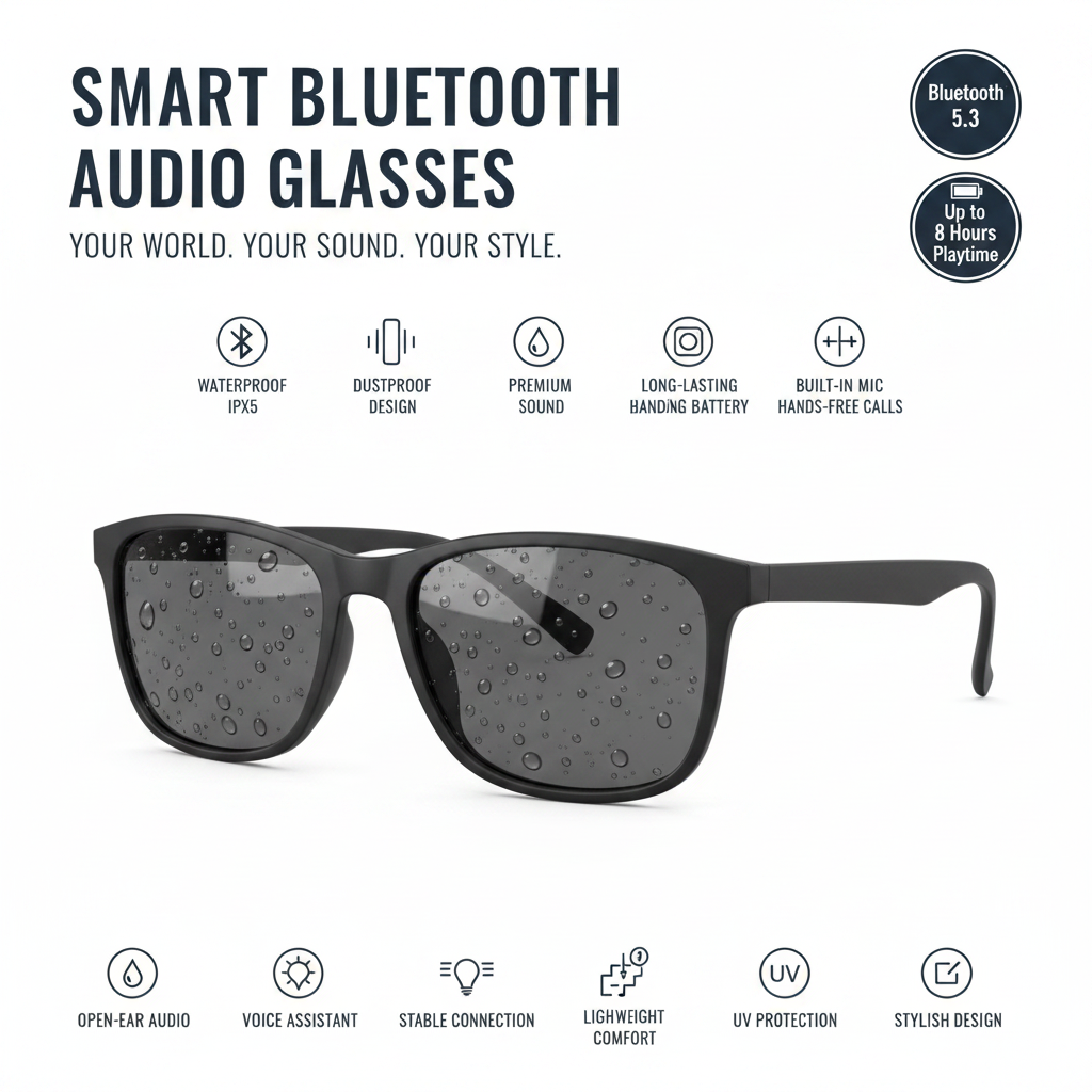 Smart Bluetooth audio glasses with features listed on a dark background