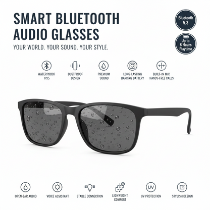 Smart Bluetooth audio glasses with features listed on a dark background