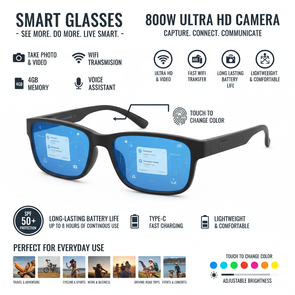 Smart glasses with digital display and sunset background, featuring various features and specifications.