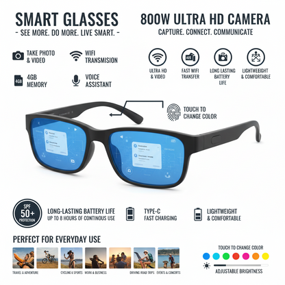 Smart glasses with digital display and sunset background, featuring various features and specifications.
