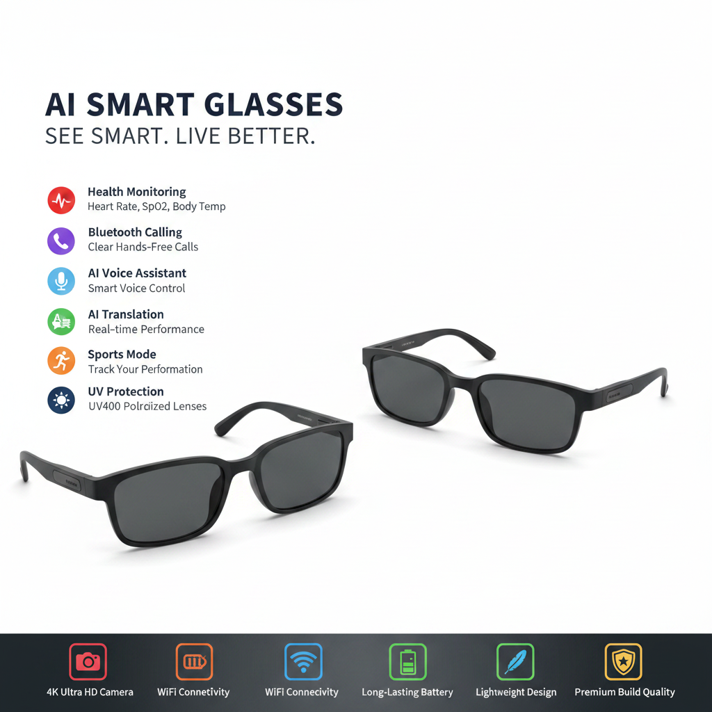 AI smart glasses with a scenic background and feature list.
