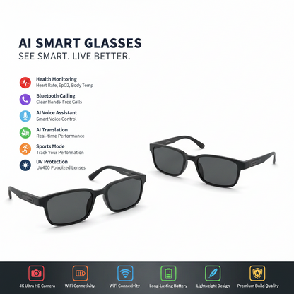 AI smart glasses with a scenic background and feature list.