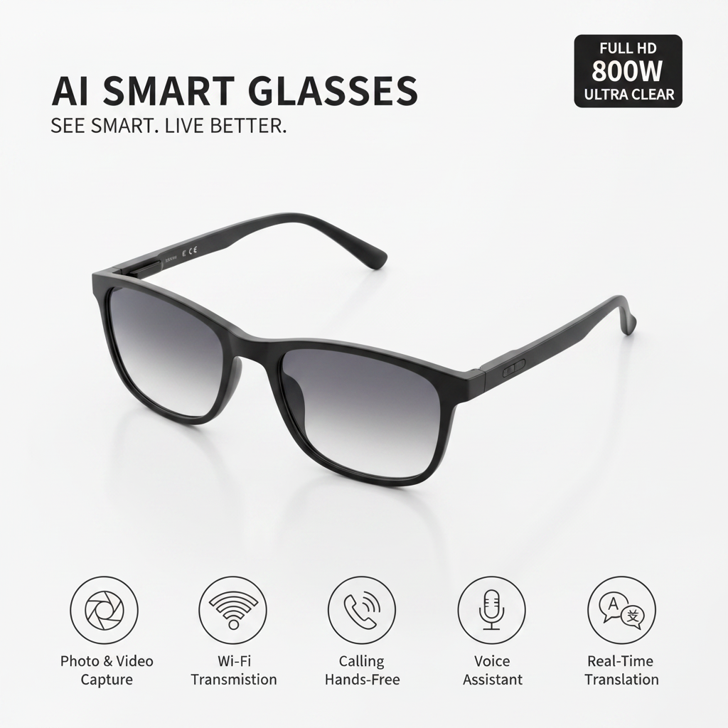 AI Smart Glasses with features highlighted on a dark background
