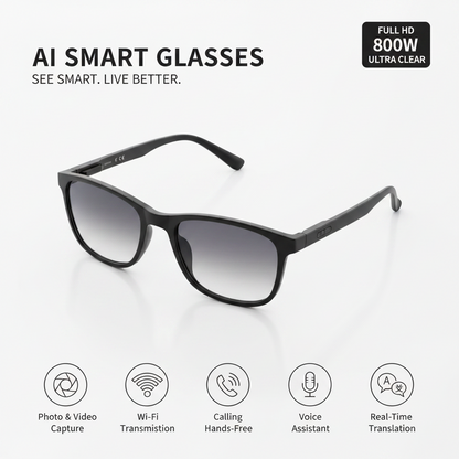 AI Smart Glasses with features highlighted on a dark background