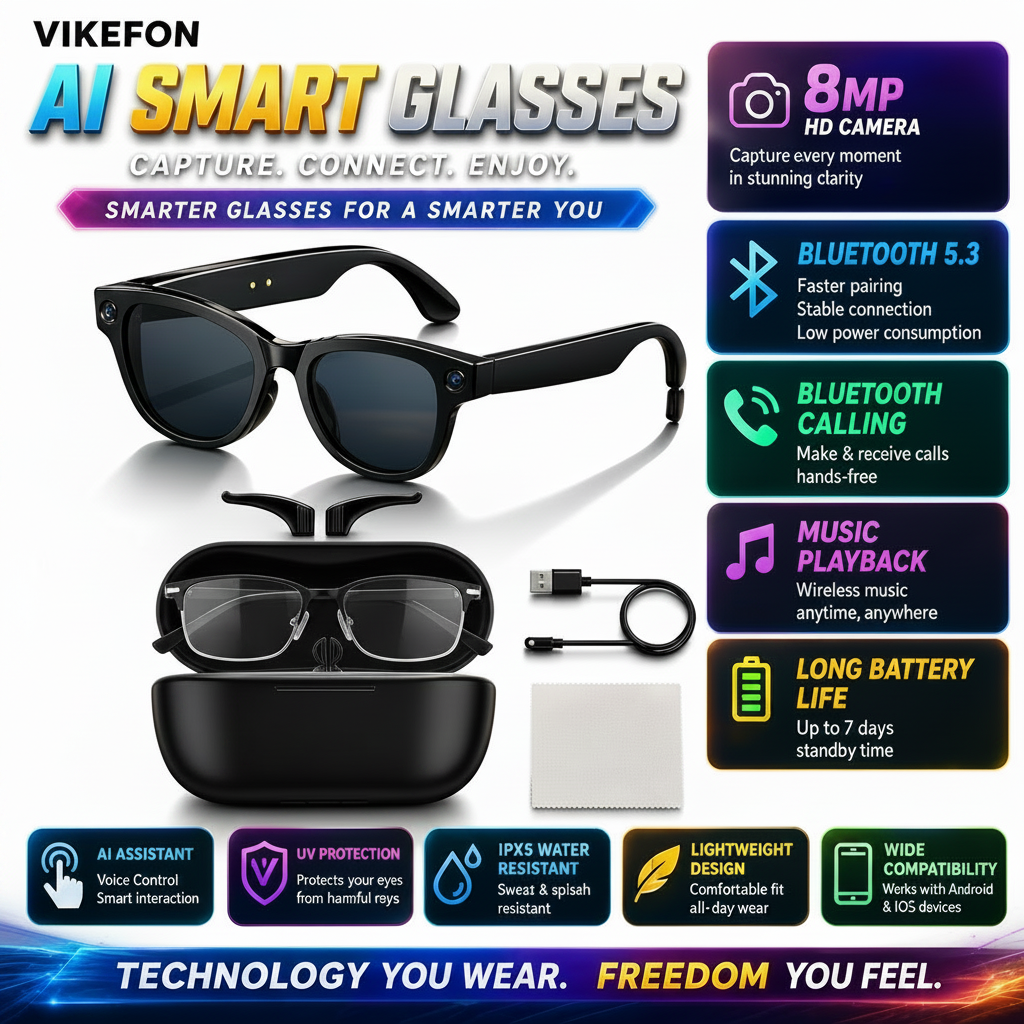 Vikefon AI Smart Glasses with features listed on a scenic background