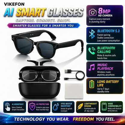 Vikefon AI Smart Glasses with features listed on a scenic background