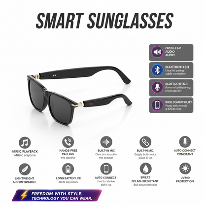 Smart sunglasses with audio features and smartphone app interface, set against a scenic background.