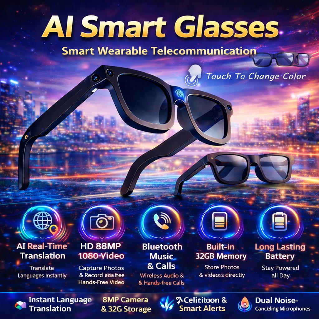 YAOCX E02C AI Smart Glasses – 32GB, 8MP & Translation
