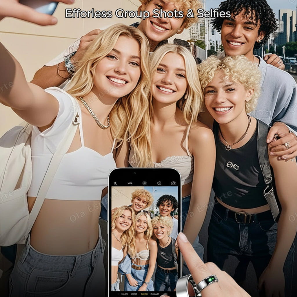 Group of friends taking a selfie with a smartphone, featuring a remote control camera device.
