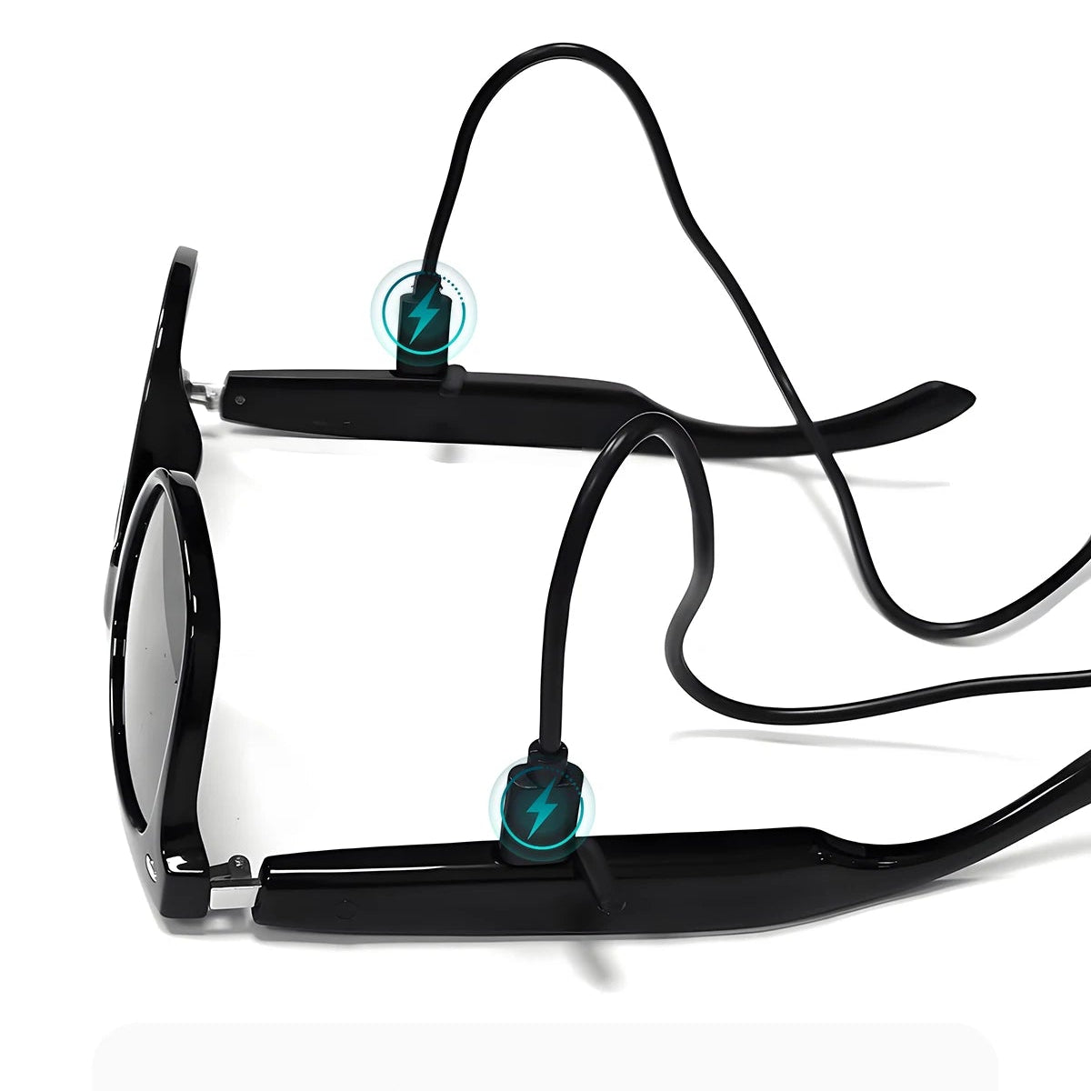 Sunglasses with a charging cable and text about dual Type-C interfaces on a white background