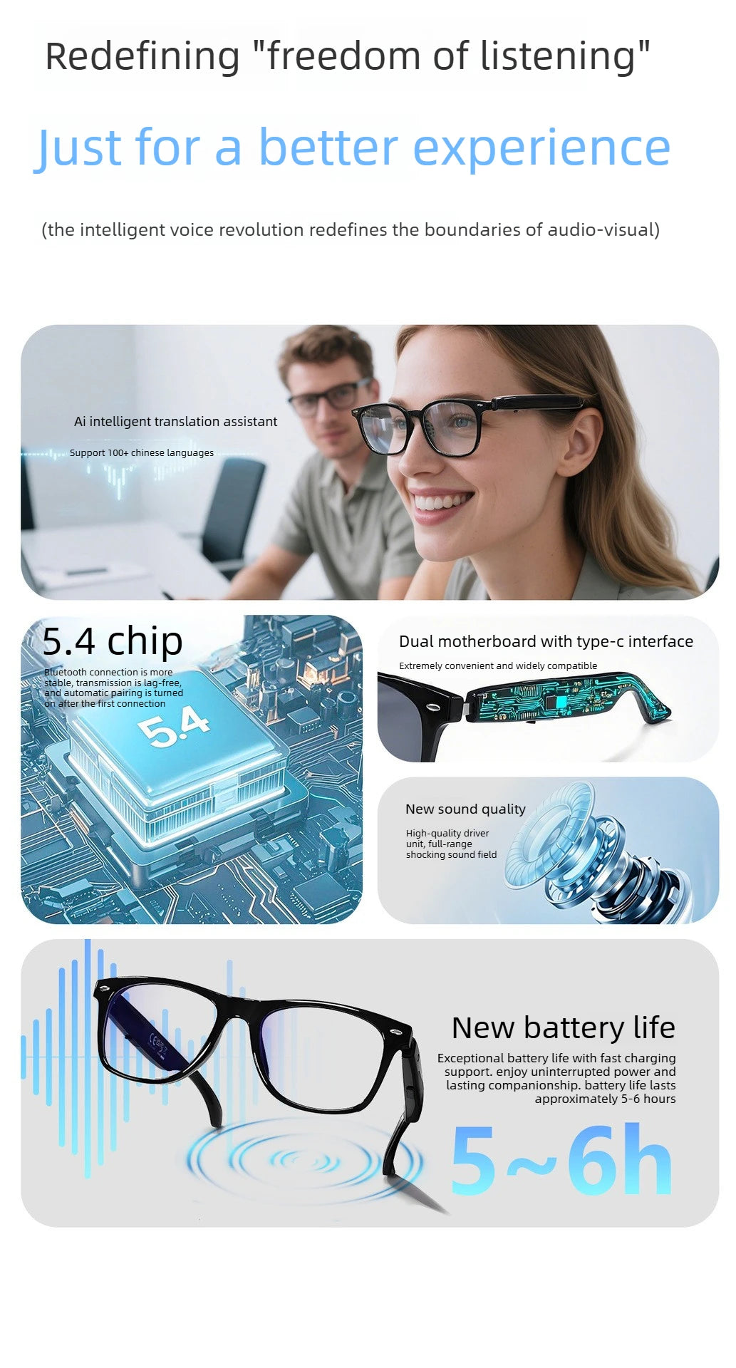 Smart Glasses AI translation 100+ Languages Make Receive Calls Music Calling Noise Reduction Light Glasses Men Women