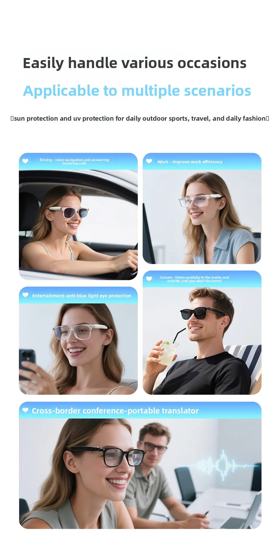 Smart Glasses AI translation 100+ Languages Make Receive Calls Music Calling Noise Reduction Light Glasses Men Women
