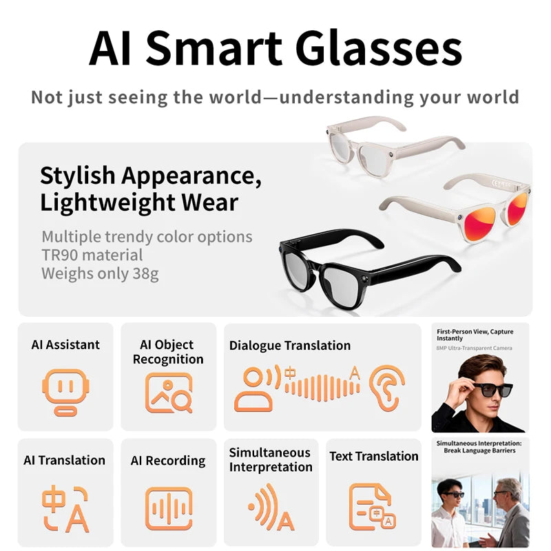 2026New Smart Glasses Men Video Recording AI Photo Recognition 800W Pixel Camera Bluetooth Call Voice Translation Sunglasses Man