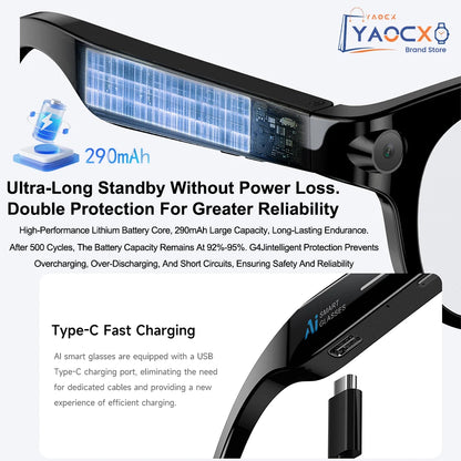 2026 AI Smart Glasses for Men Women 200W HD Camera 1080P Video AI Voice Assistant Translation Music Playback LED Flashlight