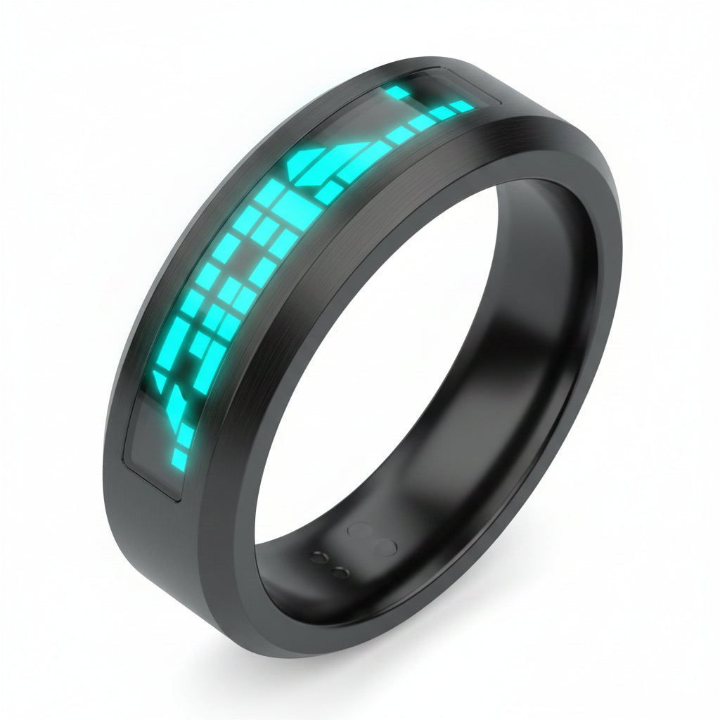 Smart ring with digital display and various features on a white background, featuring the Ola Esporte brand.