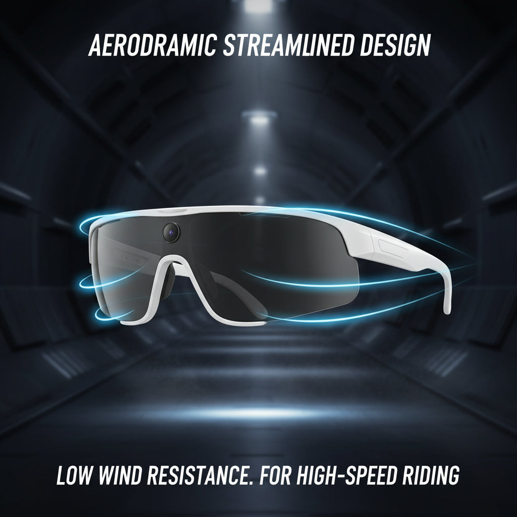 Goggles with aerodynamic design and airflow illustration, text about low wind resistance.