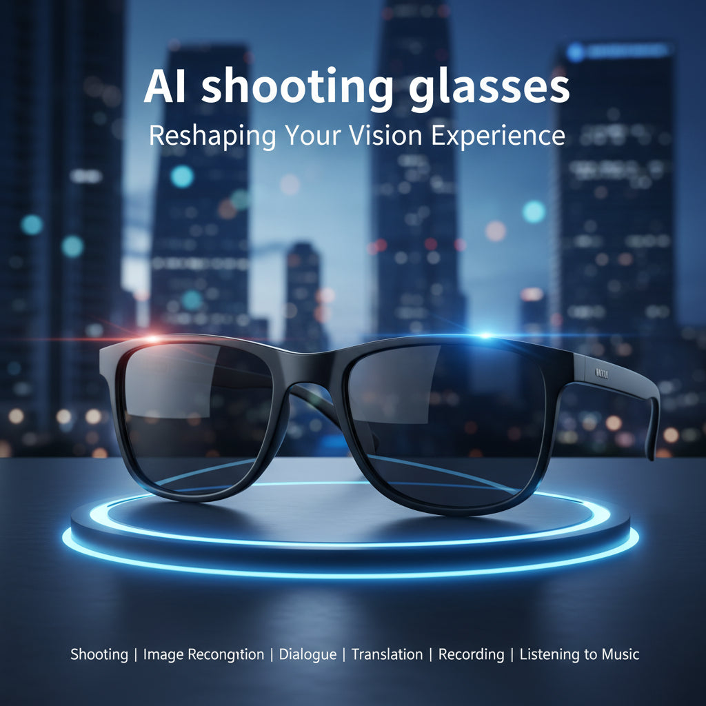 AI shooting glasses with a futuristic design on a blue background