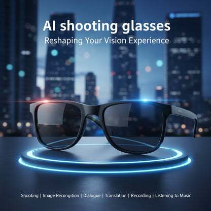 AI shooting glasses with a futuristic design on a blue background