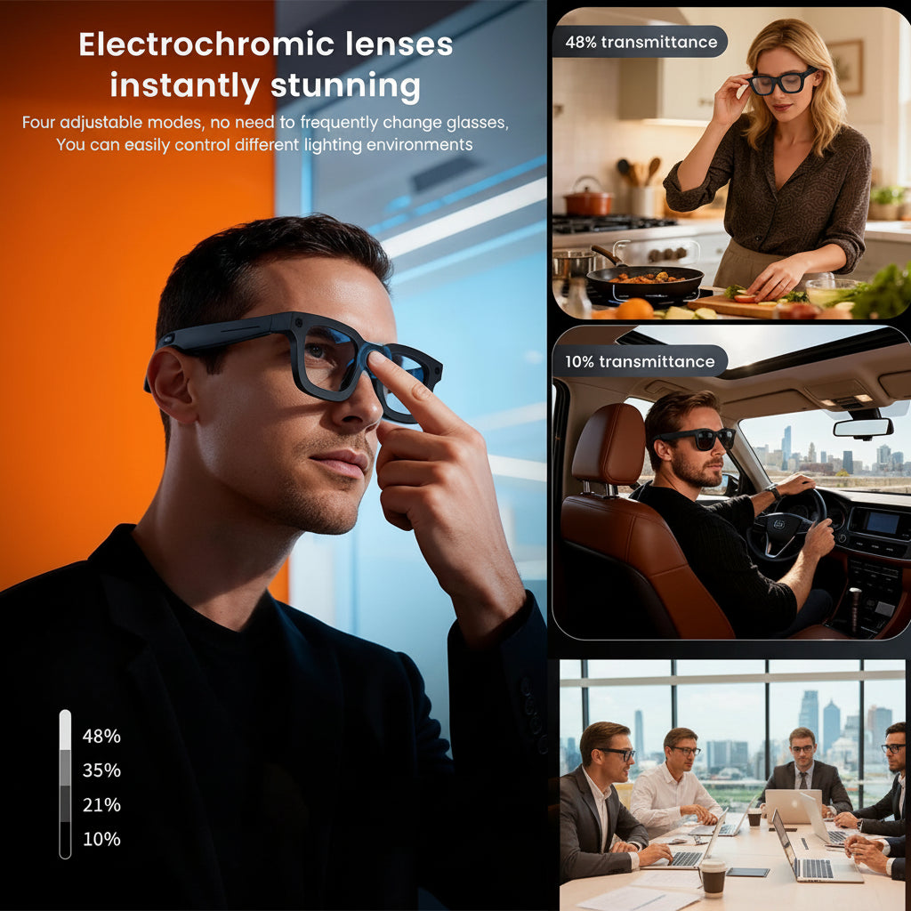 Electrochromic lenses advertisement showing a man adjusting glasses, a woman in a kitchen, and a man driving with text on transmittance.