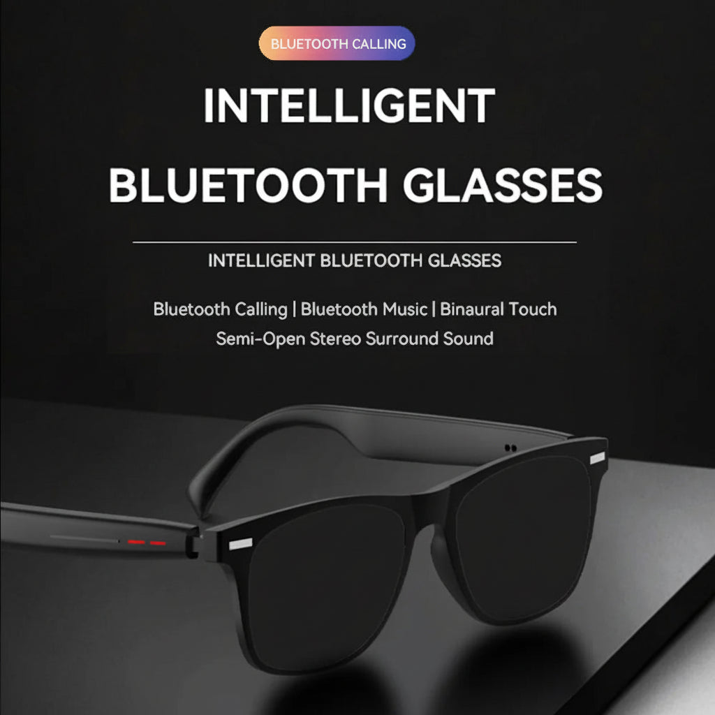 Black Bluetooth glasses with text on a dark background
