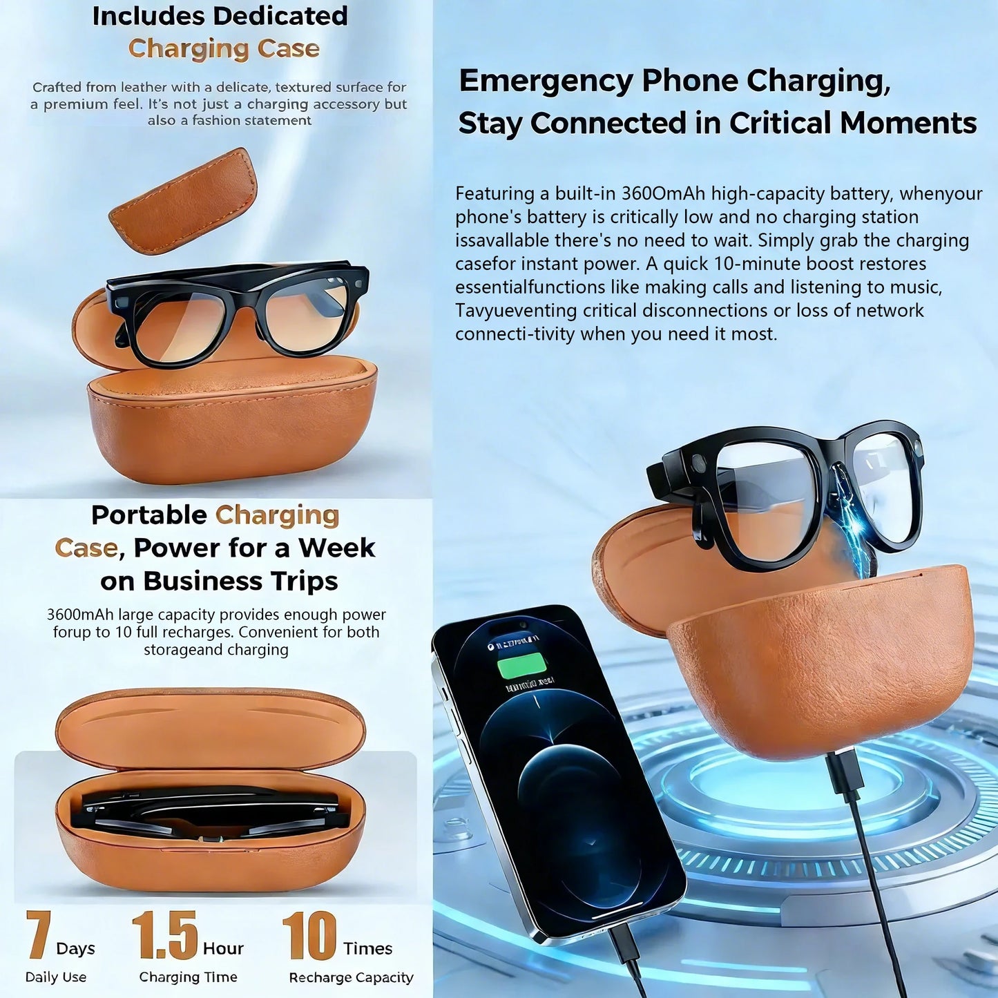 2026 AI Smart Glasses M02 Ultra 1080P HD Camera ChatGPT 3600mAh Charging Case Power Bank 32GB Translation Music Video Sunglasse