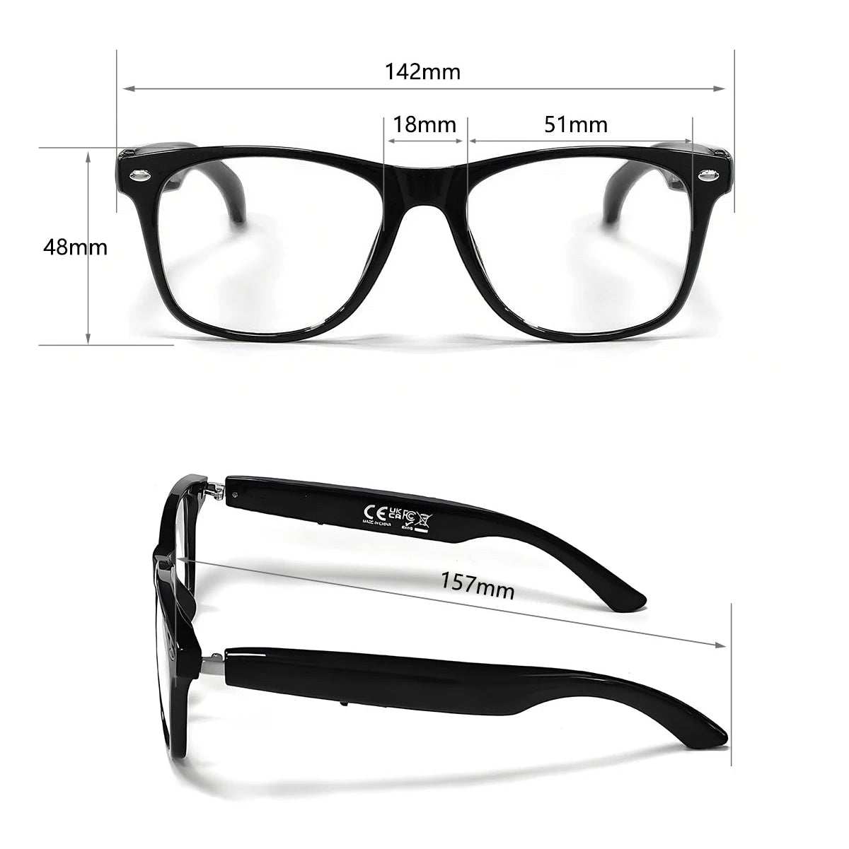 Product parameters of AI intelligent translation glasses with dimensions and features listed.
