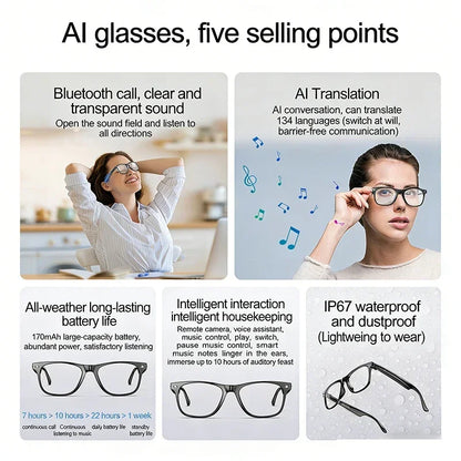 AI Smart Glasses for Men Smart Translation Glasses with Waterproof Call Function BT Smart Sunglas Outdoor Sports Headphones