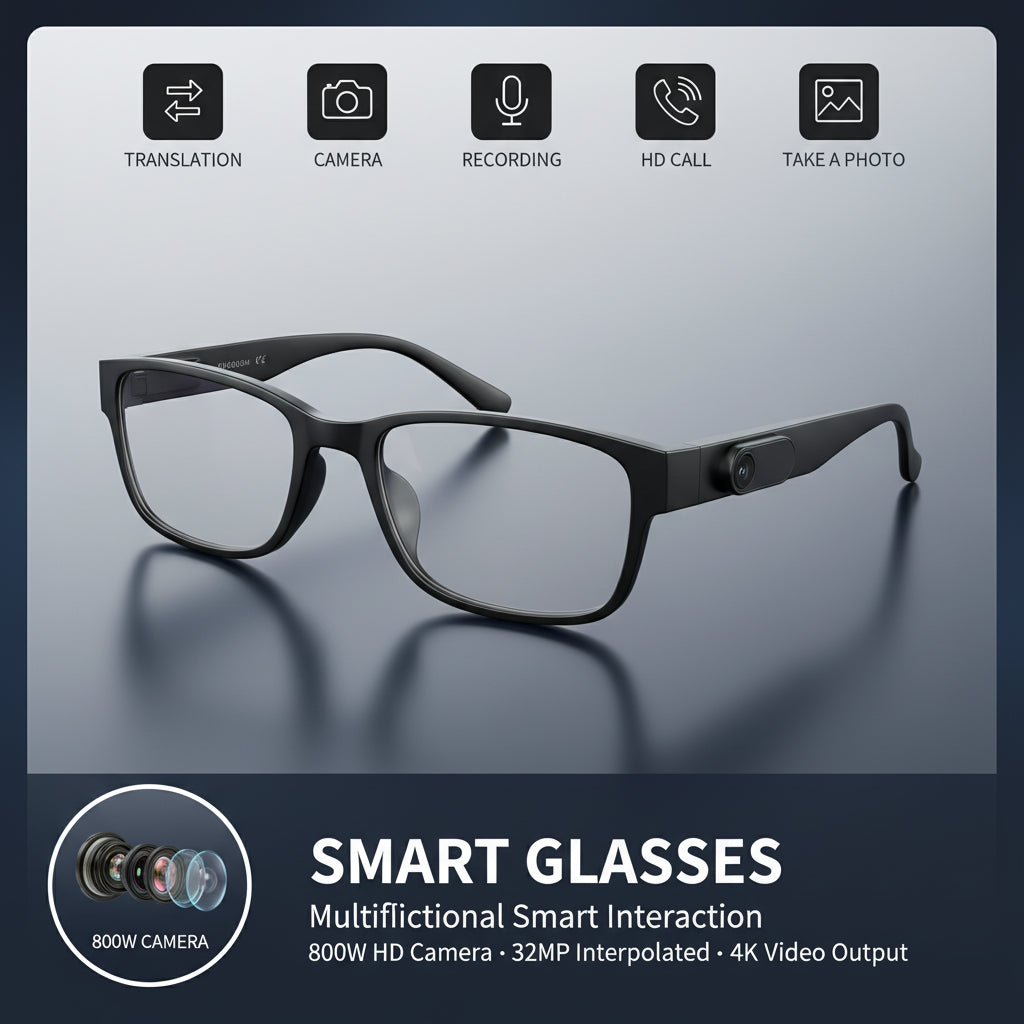Smart glasses with various functionalities on a scenic background