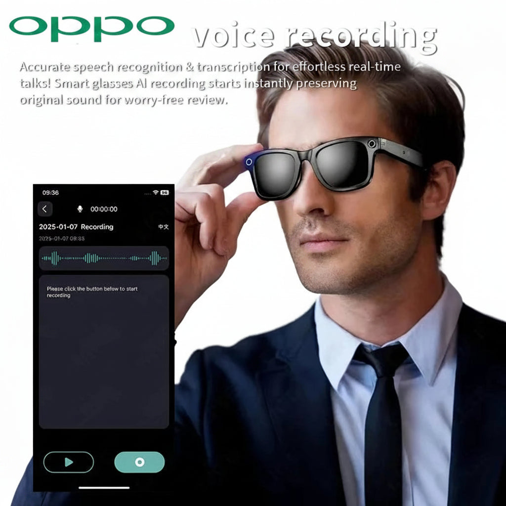 Man wearing smart glasses with a smartphone app interface displayed, featuring Oppo branding.