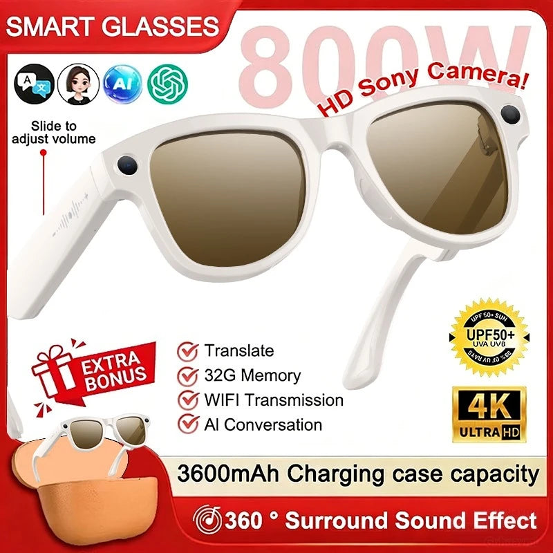 2026 AI Smart Glasses M02 Ultra 1080P HD Camera ChatGPT 3600mAh Charging Case Power Bank 32GB Translation Music Video Sunglasse