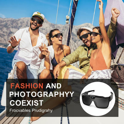 Group of people on a sailboat with sunglasses, promoting fashion and photography.