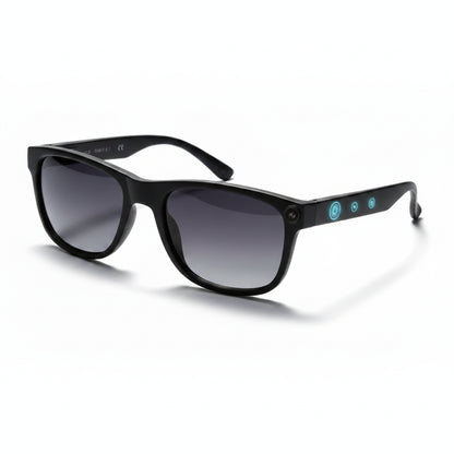 Black sunglasses with color-changing feature and SPF 50+ label on a white background