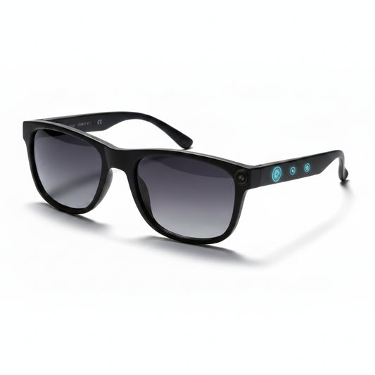 Black sunglasses with color-changing feature and SPF 50+ label on a white background
