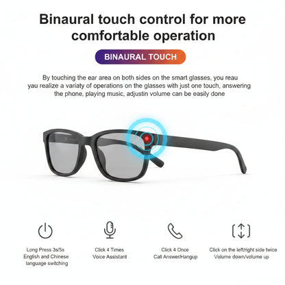 Smart glasses with binaural touch control features on a black background