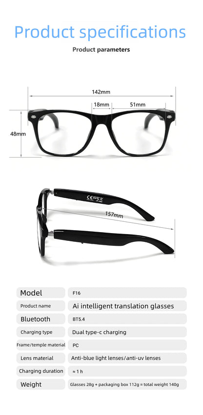 Smart Glasses AI translation 100+ Languages Make Receive Calls Music Calling Noise Reduction Light Glasses Men Women