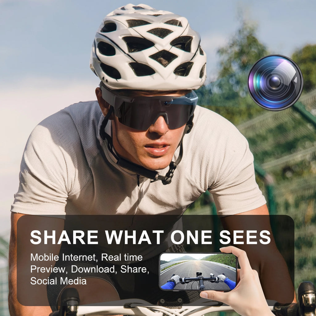 Biker wearing a helmet and sunglasses with a camera on his head, holding a phone showing a video feed.